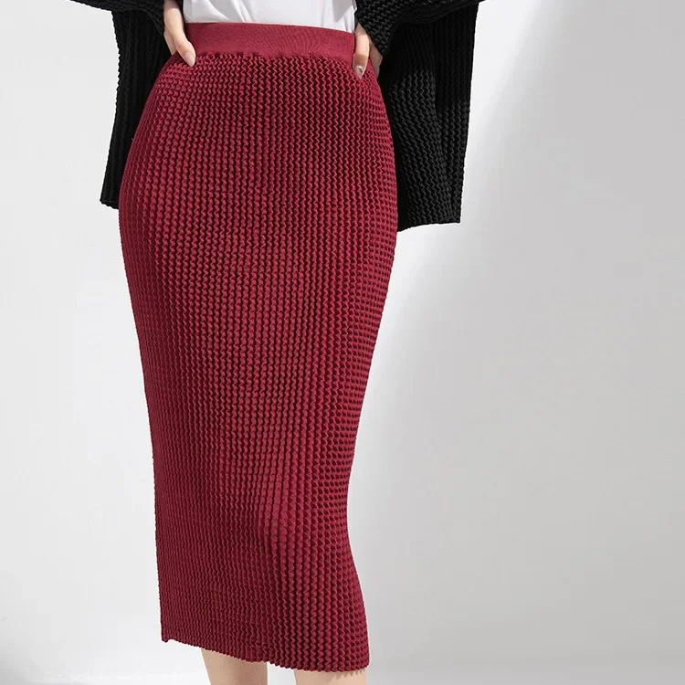 

Miyake Pleated Stretch Woolen Skirt Women's 2023 Winter New Fashion Versatile Solid Color Elastic Waist Mid-length Hip Skirt