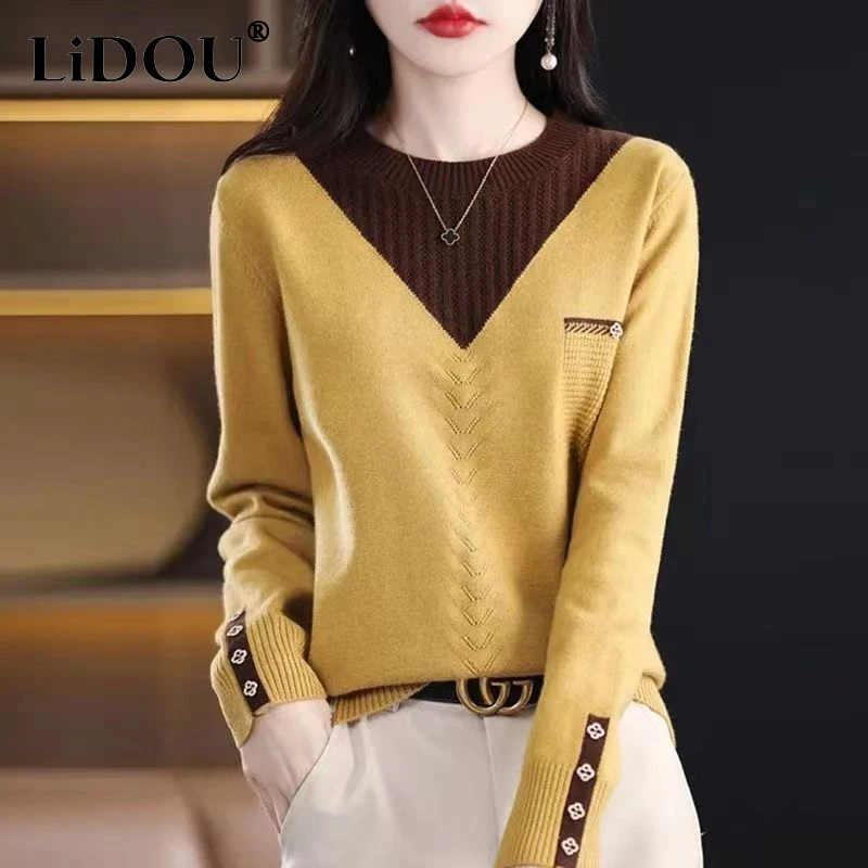 

Autumn Winter New Contrast Color Fashion Long Sleeve Sweater Women High Street Casual Loose Elegant Button All-match Pullovers