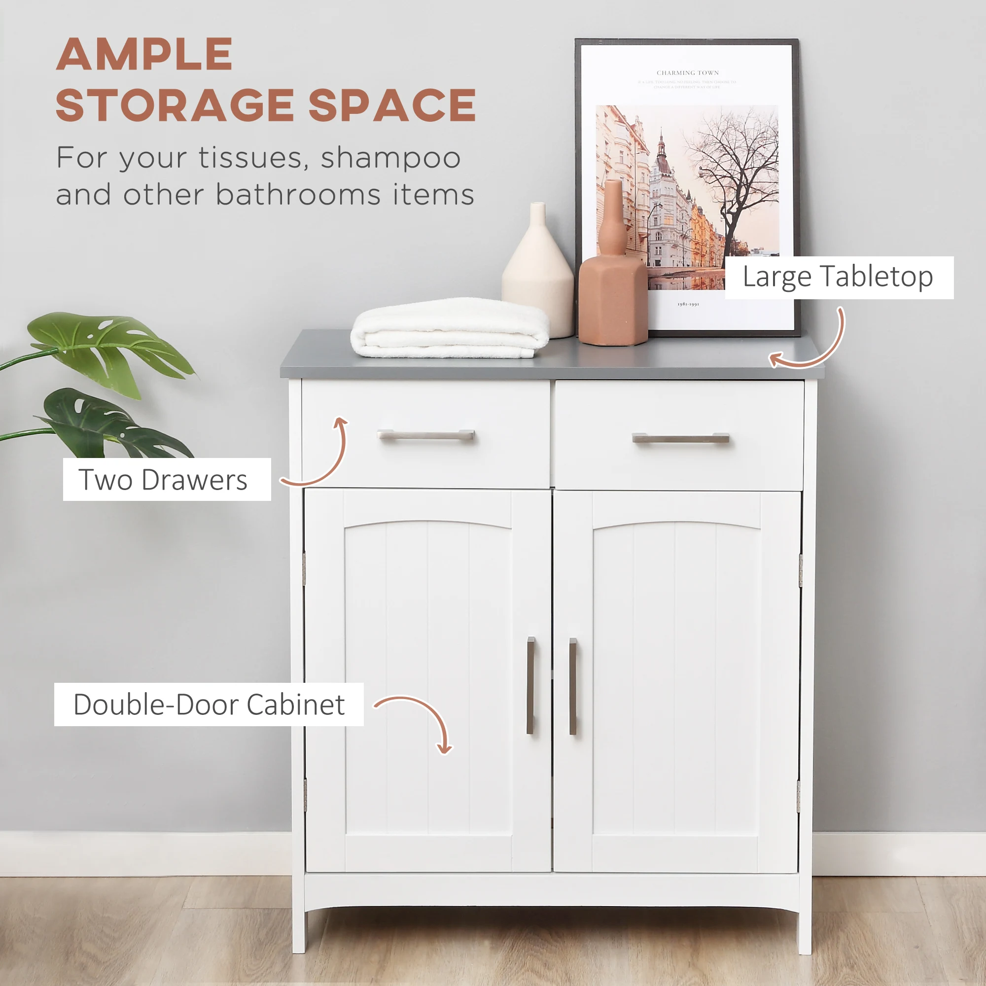 Kleankin Bathroom Floor Cabinet, Freestanding Linen Cabinet, Storage Cabinet with 2 Drawers, Double Doors, Adjustable Shelf 4