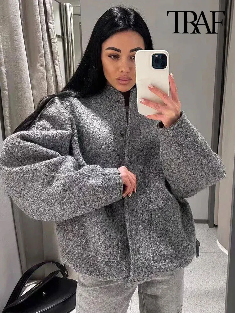 TRAF Women Fashion With Pockets Oversized Bomber Jacket Coat Vintage Long Sleeve Snap Button Female Outerwear Chic Tops 3