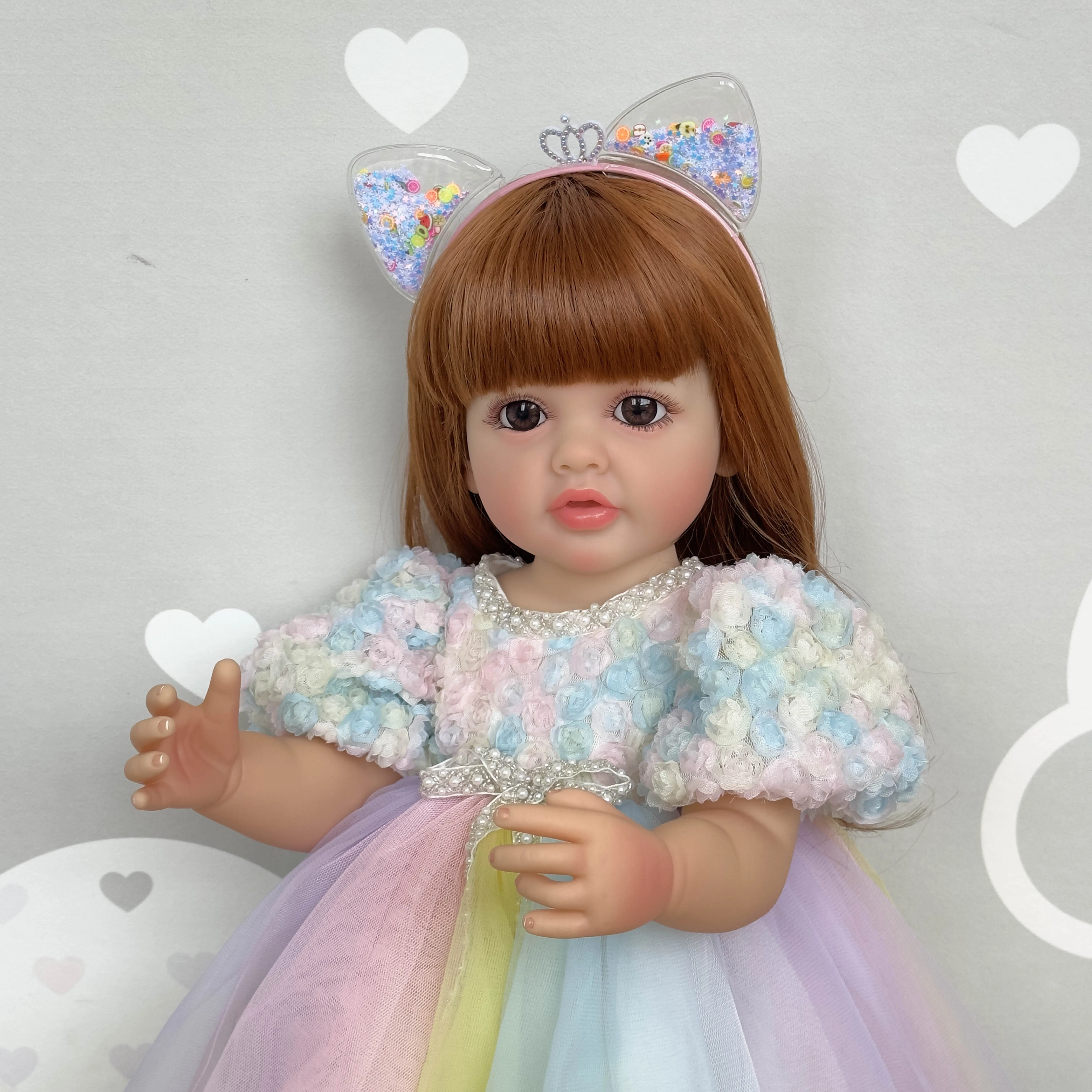NPK 22inch Newborn Soft Silicone Vinyl Reborn Toddler Girl Doll Princess Betty with Long Brwon wig Hair 4