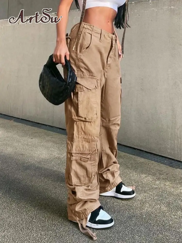 

Harajuku Hip Hop Cargo Pants Women Casual Low Waist Denim Trousers Khaki Pocket Fashion Jeans Club Party Vestido