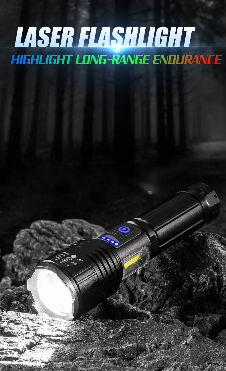 Description Picture 3 of itemSuper Bright Laser Wick Flashlight Camping Tactical Torch High Lumens 7 Lighting Modes Rechargeable Flashlights with COB Lamp