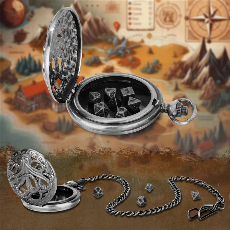 Cassa dell'orologio da tasca in bronzo catena pendente con dadi da gioco per giochi di ruolo di intrattenimento in metallo poliedrico Vintage 7 pz/set