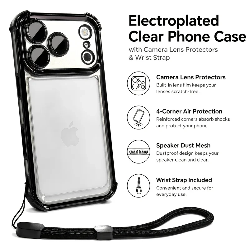 Sleek Transparent Shockproof Phone Case with Wrist Strap Cover