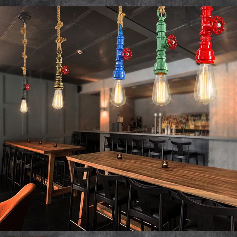 Retro industrial bar restaurant bar counter E27 pendant lamp creative hemp rope decor lamp water pipe hanging iron art light images - 6