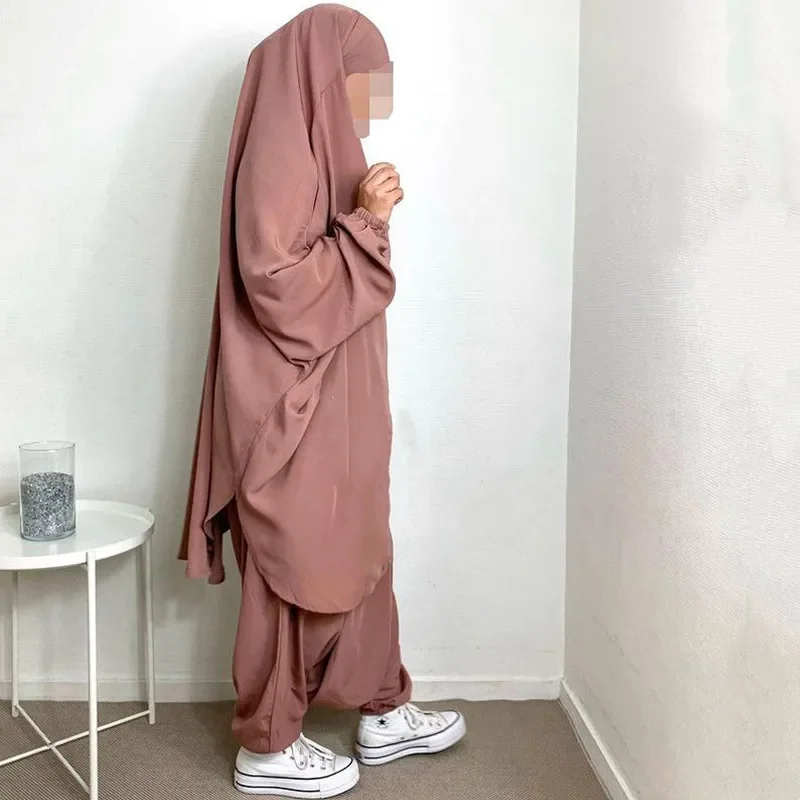Ramadan Djellaba 2 Piece Muslim Sets Paryer Garment Abaya Women Long Khimar Hijab Dress Pant Suits Abayas Islamic Clothing Niqab