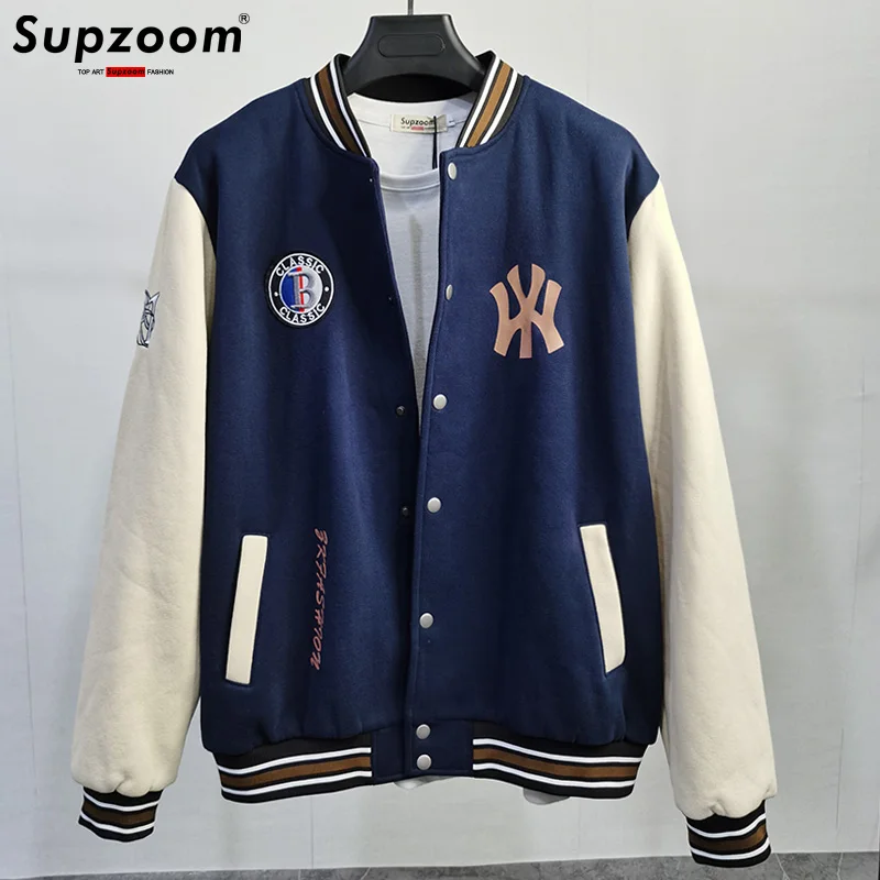 Supzoom 레터 리브 슬리브 코튼 탑 패션 로고 싱글 브레스티드 캐주얼 봄버 야구 재킷, 루즈 가디건 코트, 신상