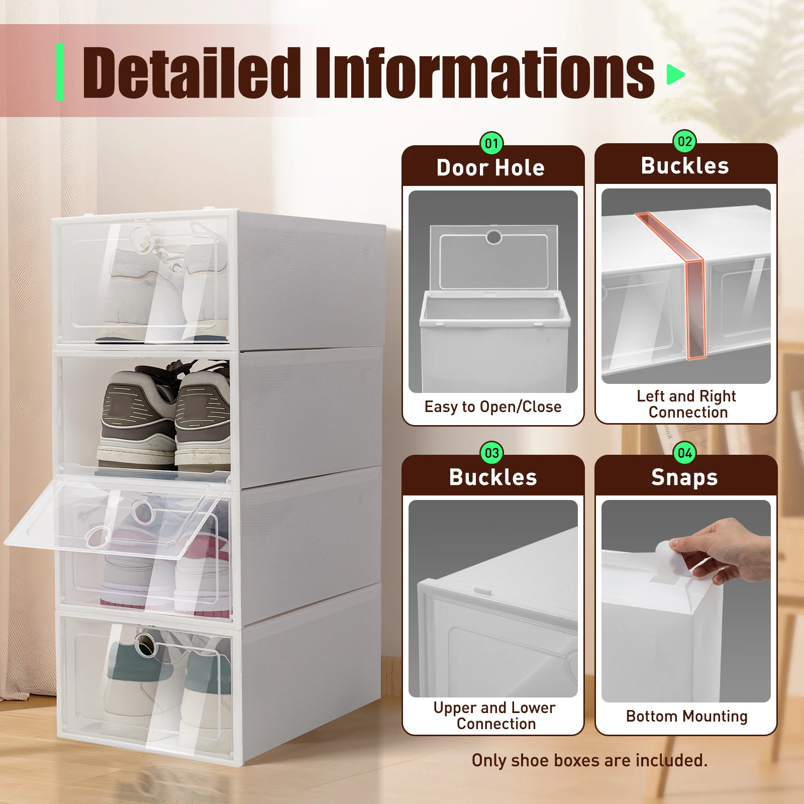 20 Stück Verstärkte Schuhaufbewahrungsboxen für Zuhause - Weiß Transparent Staub-/Feuchtigkeitsbeständig Faltbar Stapelbar für Schuhe/Socken/Unterwäsche – Detail 15
