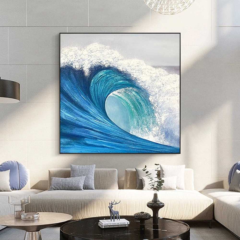 

Ручная роспись маслом, абстрактная картина маслом океанских волн на холсте, настенное искусство, оригинальная картина синим морем, декор для гостиной