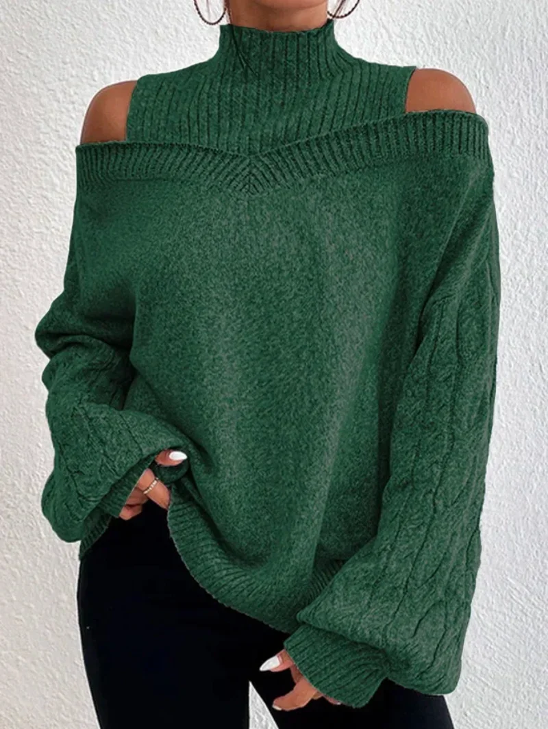 

Solid Sweater for Women Off-shoulder Hook Flower Hollow Knitted Pullover Hollow Office Lady Knitting Turtleneck Sweaters Female