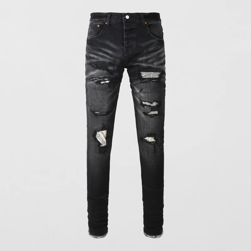 high-street-fashion-men's-black-jeans-high-quality-retro-elastic-slim-fit-split-high-quality-black-jeans-men's-fishing-net-patch