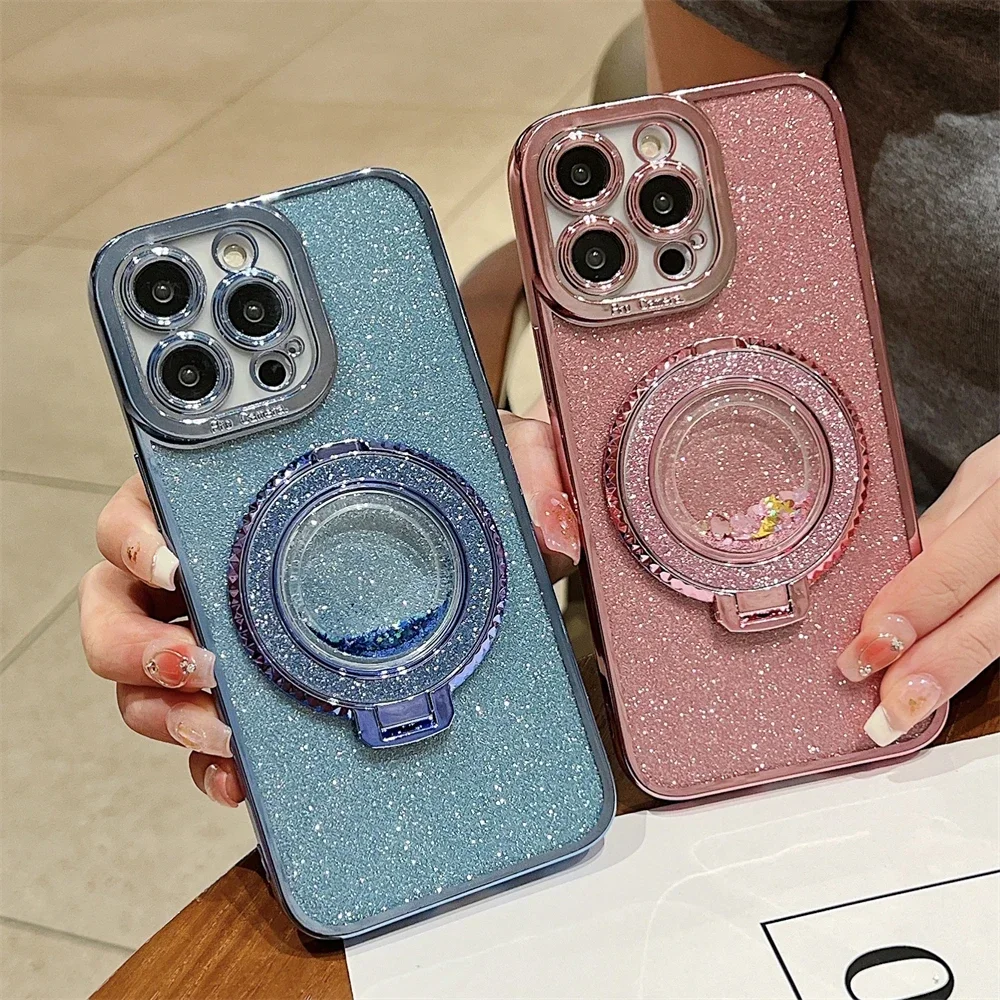 Bling Glitter Electroplate Magnetic Holder Quicksand Case for IPhone 16 15 14 Plus 11 12 13 Pro Max for Magsafe Bracket Cover_voghion.com