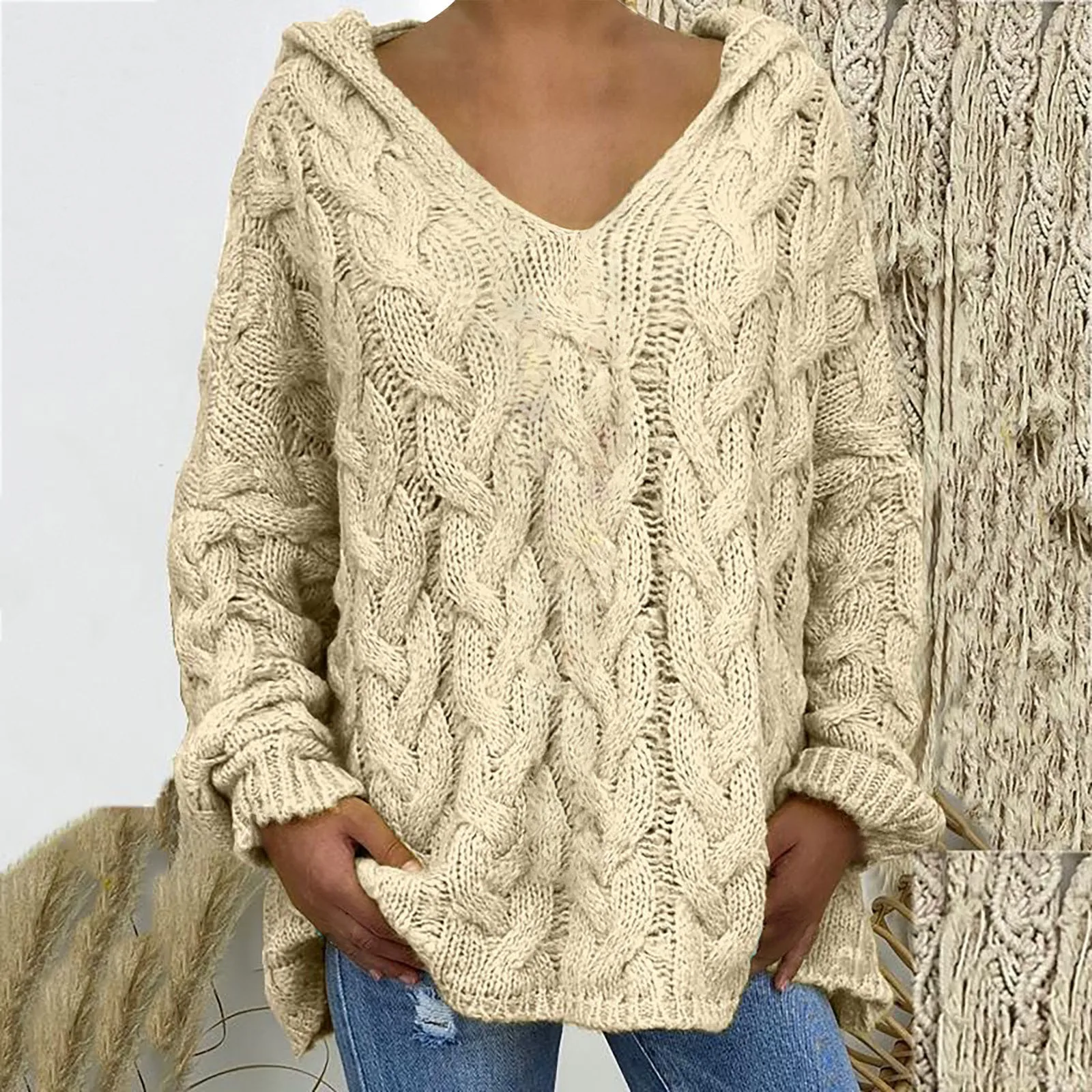 

Femme Knitwear Hooded V-Neck Long Sleeves Twist Knitted Hoodie Autumn Winter Solid Color Loose Sweater Jumper Female Clothing