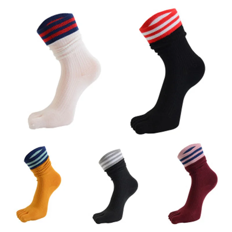 

Japanese Style Woman Mid-Calf Five Finger Socks Lady Fashion Striped Cotton Socks Breathable Warm Student Sport Socks with Toes