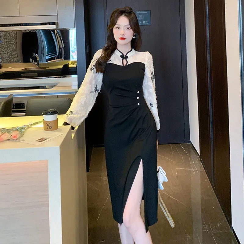 

2023 Autumn Elegant Improved Embroidered Patchwork Cheongsam Slimming Office Lady Long Sleeved Dress Female Split Chinese Dress