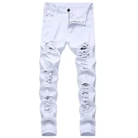 Men's White Jeans Fashion Hip Hop Ripped Skinny Men Denim Trousers Slim Fit Stretch Distressed Zip Men Jean Pants High Quality 1