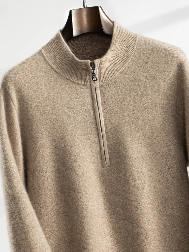 Men's 100% Cashmere Sweater Zipper Pullover Mock Neck Long Sleeve Air Layer Thickened Cashmere Knitwear Autumn Winter Clothing 6