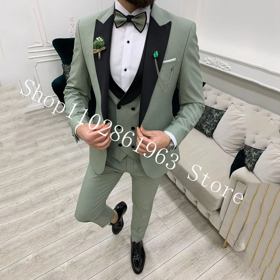 New Arrival Green Male Suits Slim Fit 3 Pieces Suits Blazer+Vest+Pants Best Men Wedding Tuxedos Groom Wear Costume Homme