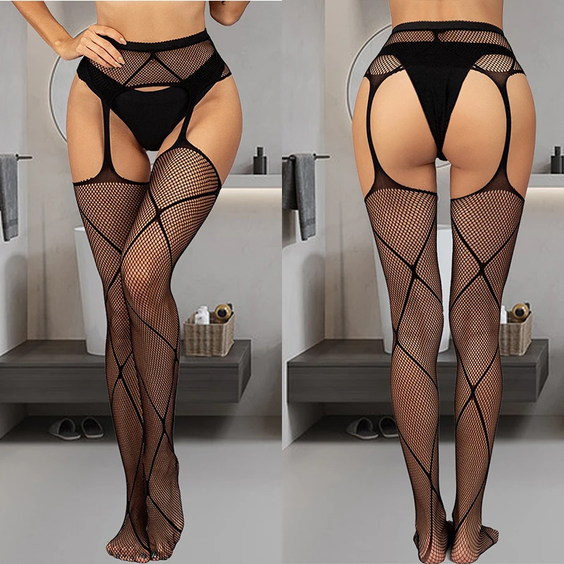 

Women Black Stockings With Belt Set High Fishnet Tights Erotic Lingerie Sexy Pantyhose Floral Print Long Mesh Lace Stocking