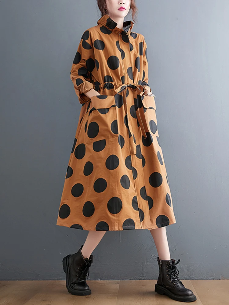 2025 Autumn Winter Oversized Polka Dot Long Trench Coat For Women Clothes Stand Collar Drawstring Fashion Casual Loose Outerwear