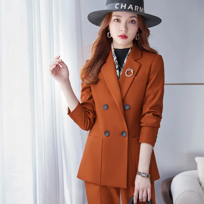 

Long Sleeve Solid Color Double Breasted Fashionable Stylish Small Suit Women's Jacket Two-Piece Set Work Uniforms Apricot Formal