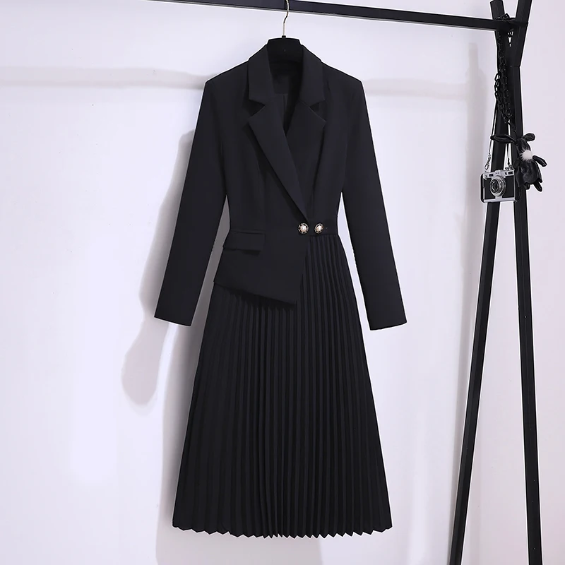

High Quality Women's Blazer Dress New Autumn Spring Notched Fake Two Piece Button Deco Office Ladies Black Pleated Midi Vestidos