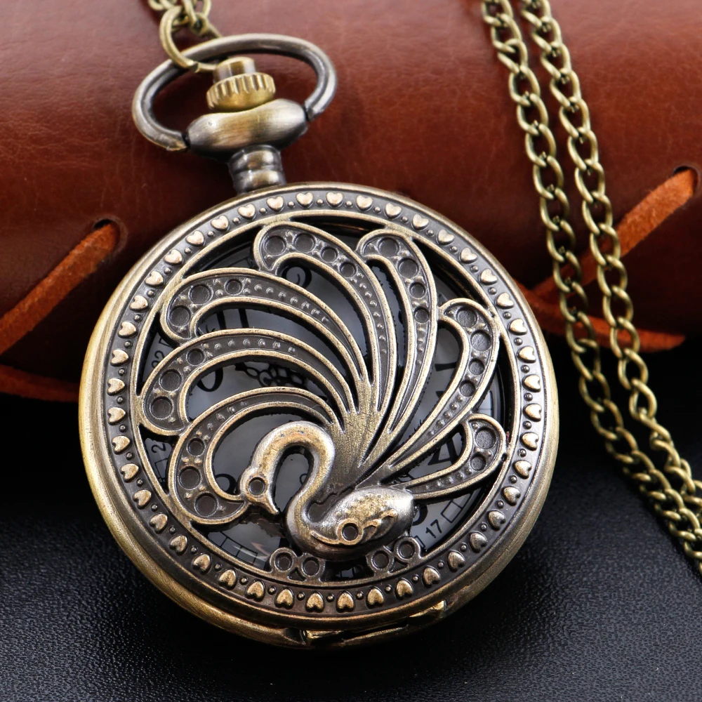 

Antique Hollow Peacock Embossed Quartz Pocket Watch Vintage Bronze Fob Chain Clock The Best Holiday Gift for Men and Women