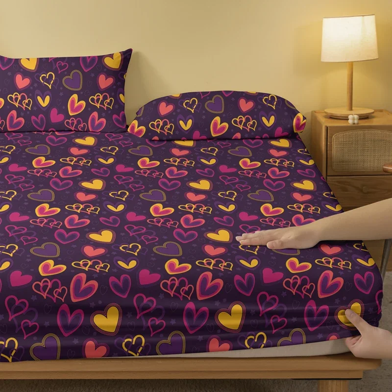 1pc Ring Heart Cover Pattern Brushed Fitted Sheet, Bedroom Printed Bedspread, Bedding (not include pillowcase) 3