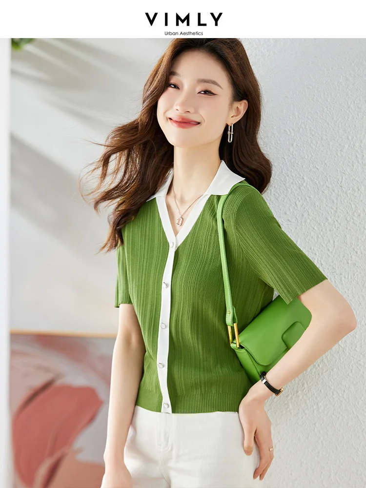 

Vimly Ice Silk Thin Breathable Green Summer Sweaters for Women 2023 Fashion Short Sleeve Knit Contract Collared V Neck Knitwear