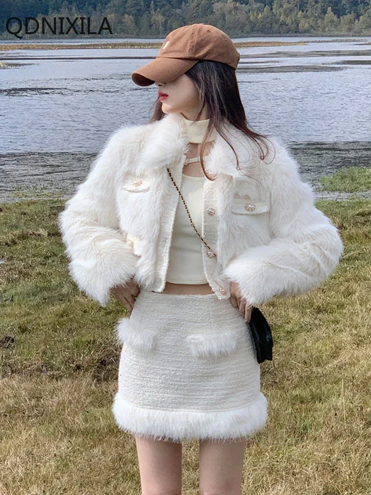 Little Fragrant Style Short Thickened Faux Fur Coat Women's Jacket Two-piece Set  Autumn Winter Mini Skirt Set Fur Jacket