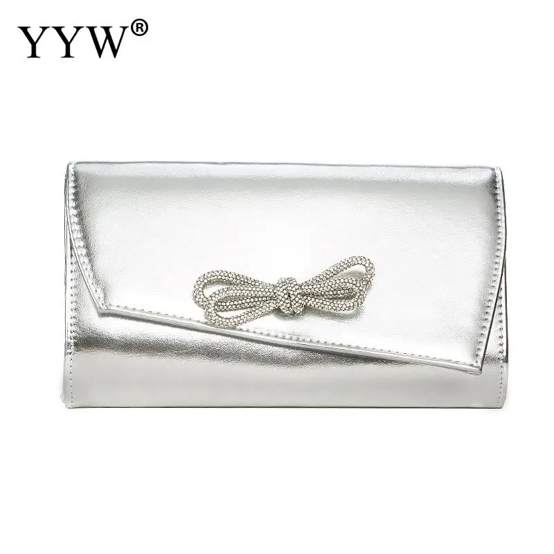 Luxury Designer Women Handbag Crystal Shiny Rhinestone Bow Evening Bag Dinner Party Silver Clutch Purse Shoulder Messenger Bag