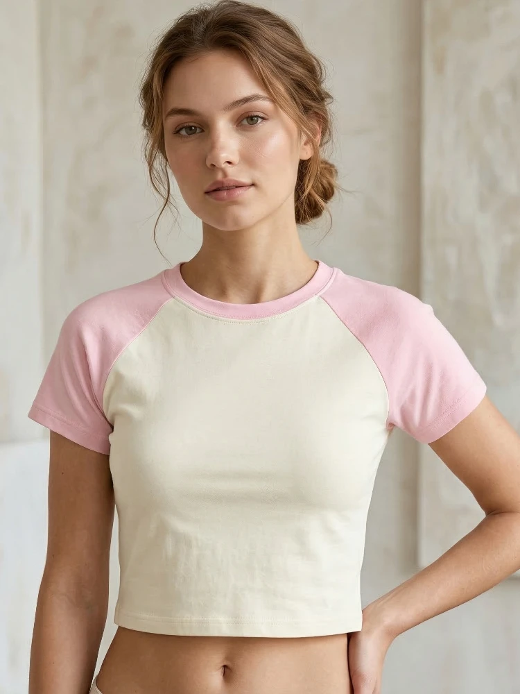 Zjaiss 2026 Sommer Color Block Slim Fit Damen T-Shirt Mode Lässig Vielseitig Geripptes T-Shirt Trendiges O-Ausschnitt Kurzarm Crop Top – Detail 7
