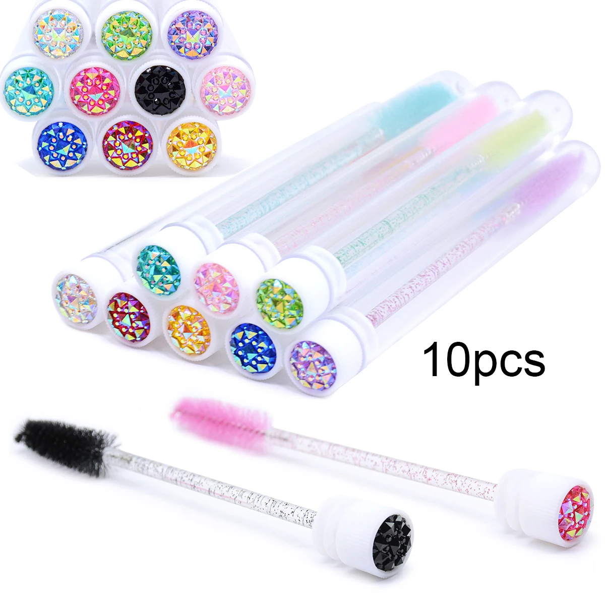 10 pieces of reusable sparkle eyelash brush mascara wands in eye tubes, lash eyebrow spoolie combs with storage case.