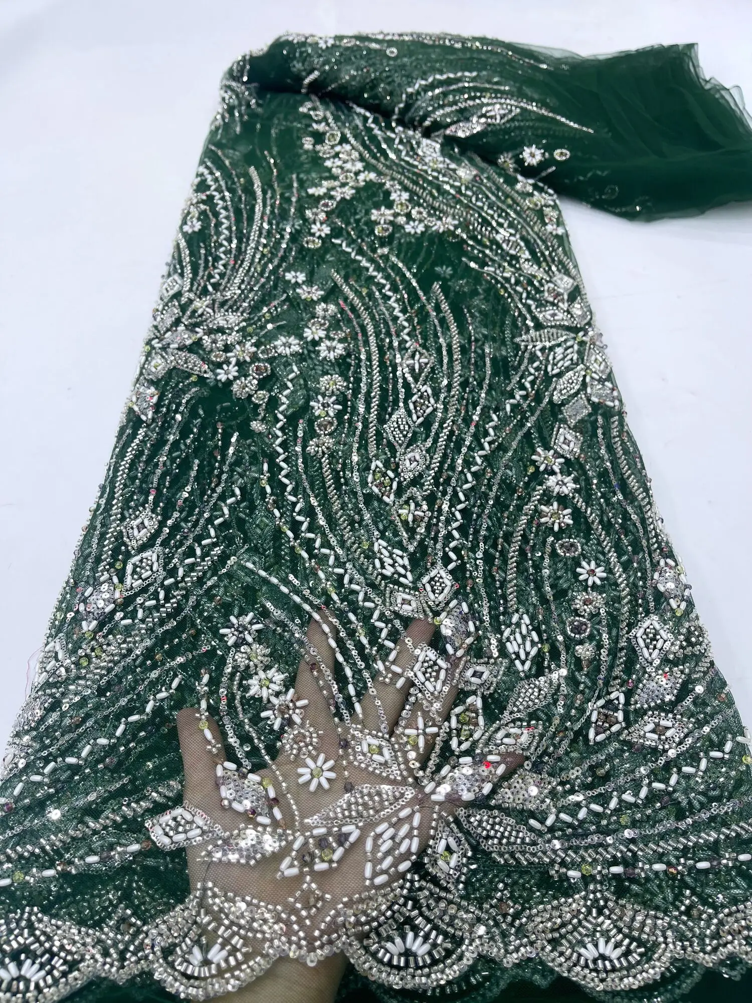 

Luxurious Heavy Beaded Crystal Lace Fabric Handmade Beads Embroidery Sequins African Lace Material for Wedding