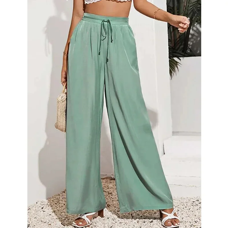 

Модная женская одежда, Летние Новые однотонные брюки со шнуровкой и карманами, с высокой талией, повседневные серые свободные брюки с широкими штанинами