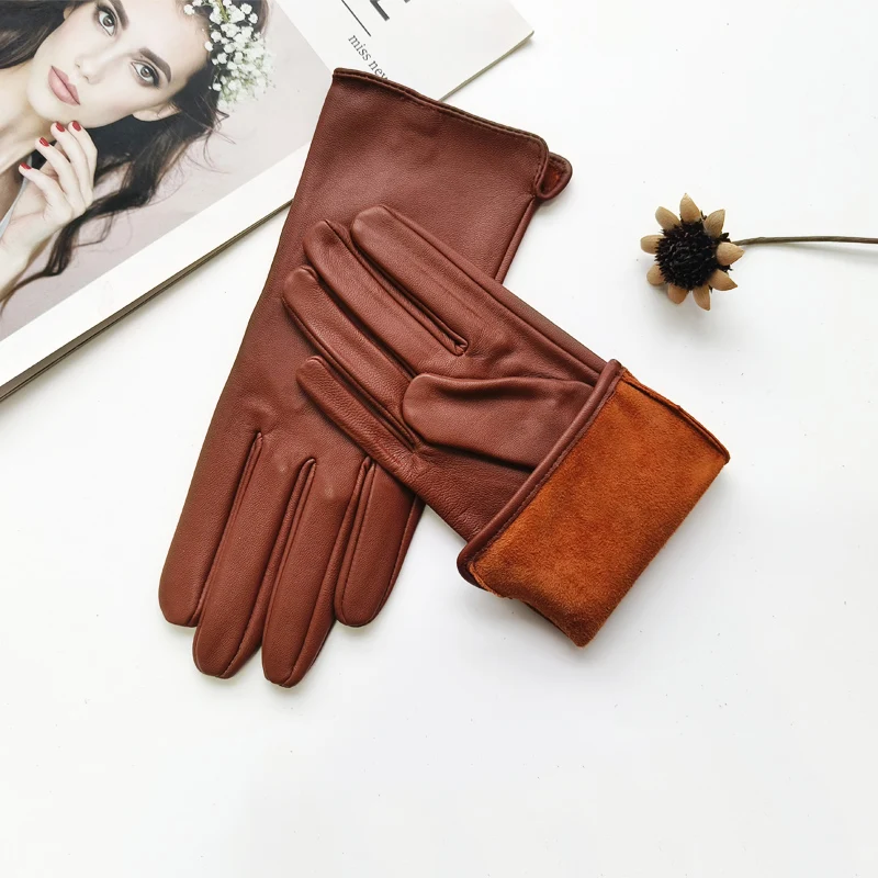 New Ladies Sheepskin Touch Screen Gloves Single Leather Thin Unlined Classic Solid Color Versatile Straight Driving Gloves
