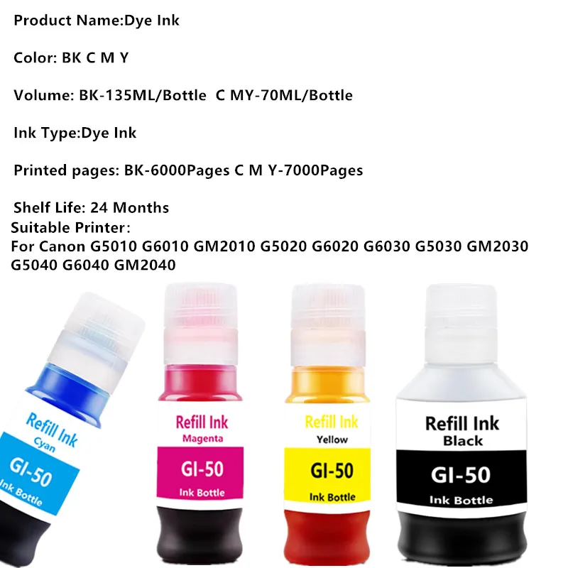 GI-50 Refill Ink For Canon GI-10 GI-20 GI-30 GI-40 GI-60 GI-70 GI-90 Dye ink For G5010 G6010 GM2010 G5020 G6020 G6030 Printer