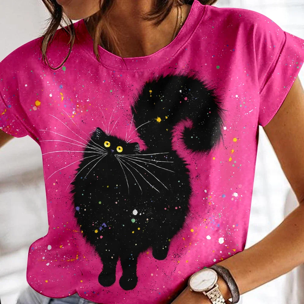 

Женская футболка в стиле ретро, летняя футболка с круглым вырезом и коротким рукавом, с рисунком аниме кошки, женская уличная одежда в стиле Харадзюку, Винтажная Футболка