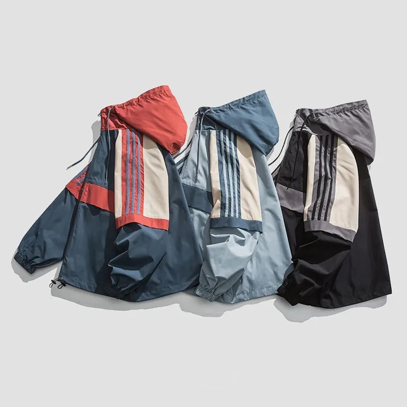 Giacca causale da uomo High Street Hip Hop Colorblock Patchwork Felpa con cappuccio allentata Stile Haruku Cappotto unisex con cerniera Inverno893_voghion.com