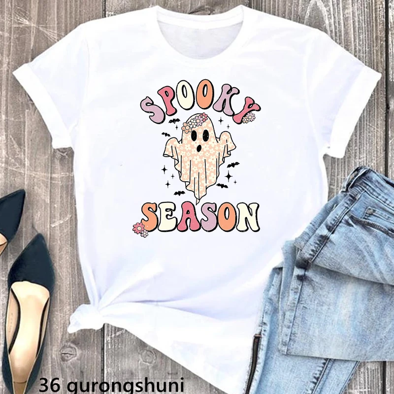 

Groovy Halloween Spooky Season Retro Dabbing Ghost Costume Print Tshirt Girls Funny White T Shirt Femme Harajuku Kawaii Clothes