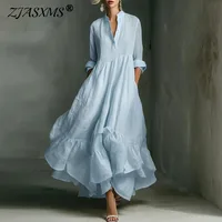 Women’s Casual Dresses 2026 Spring Elegant V Neck High Waist A-Line Long Dress Retro Solid 3/4 Sleeve Ruffle Hem Boho Maxi Dress