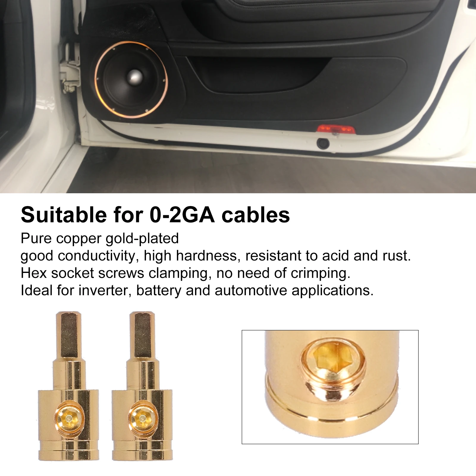 2pcs 0GA Wire Reducer Terminal Connector Pure Copper Gold Plated for Car Audio Amplifier Modification
