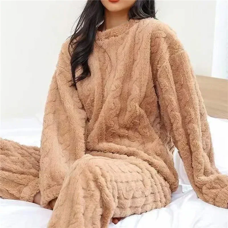 

Long Homewear Casual Pajamas Women Soild Warm Autumn Coral Sleeve Flannel Winter Pyjamas Sets Velvet Thick Sleepwear