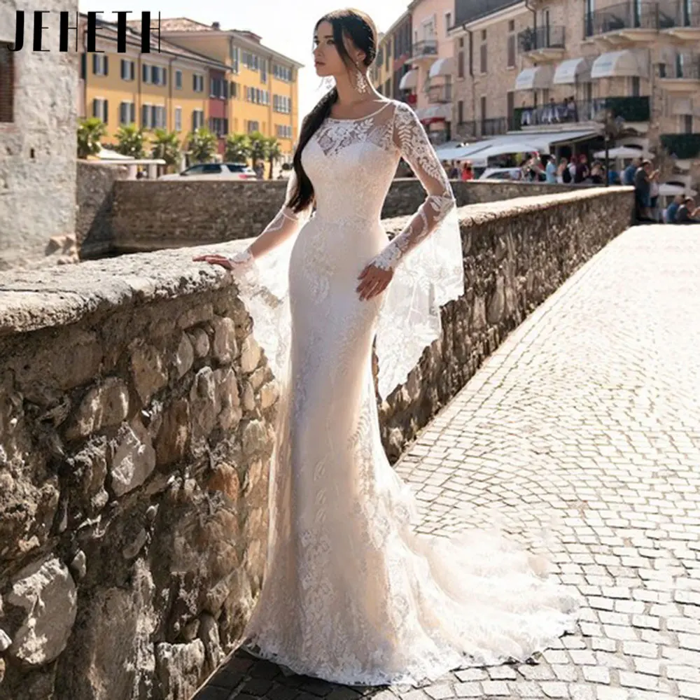 

JEHETH Romantic O-Neck Tulle Wedding Dress Beach Backless Applique Bridal Gown Full Sleeve Lace Up Vestidos De Novia Custom Made