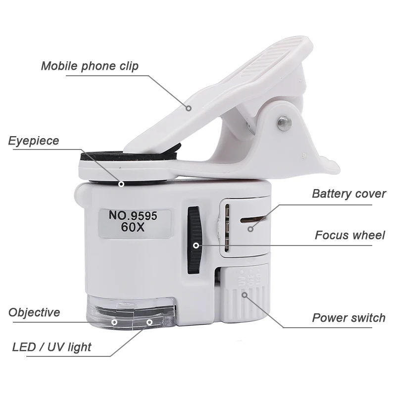 Universal Clip Microscope 60X LED Jewelry Magnifying Glass Focusing Adjusted Pocket Microscope with Cell Phone Clip UV Light 4