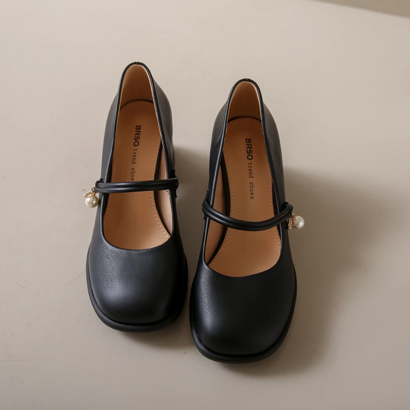 2024 NEW Oxford Shoes for Women Sweet Lolita Shoes Woman Slip on Square High Heels Solid Round Toe Pearl Pumps Size 34-40