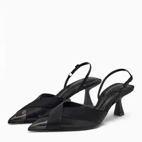 Point Head Kitten Heel Slingbacks Pumps For Women French Style Black Closed Head Mid-Heel Sandals Summer Sexy Cross Satins Shoes 1