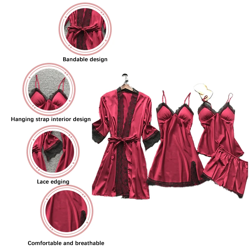 Women pajamas set 4 Pieces Sexy Lace Fashion V-Neck Gown Comfort With Chest Pads Nightdress Casual Loungew