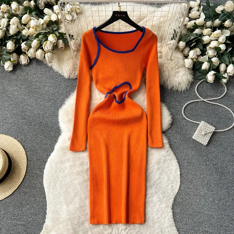 

French Vintage Skinny Dress With Waist Closure For Autumn/Winter Women Dresses New Solid Hollow Knit Wrap Hip Midi Woolen Dress
